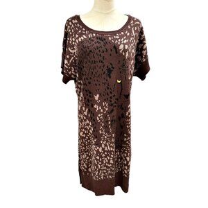 DKNY Knit Leopard Cheetah Sweater Dress Size L Brown Embroidered Eyes READ